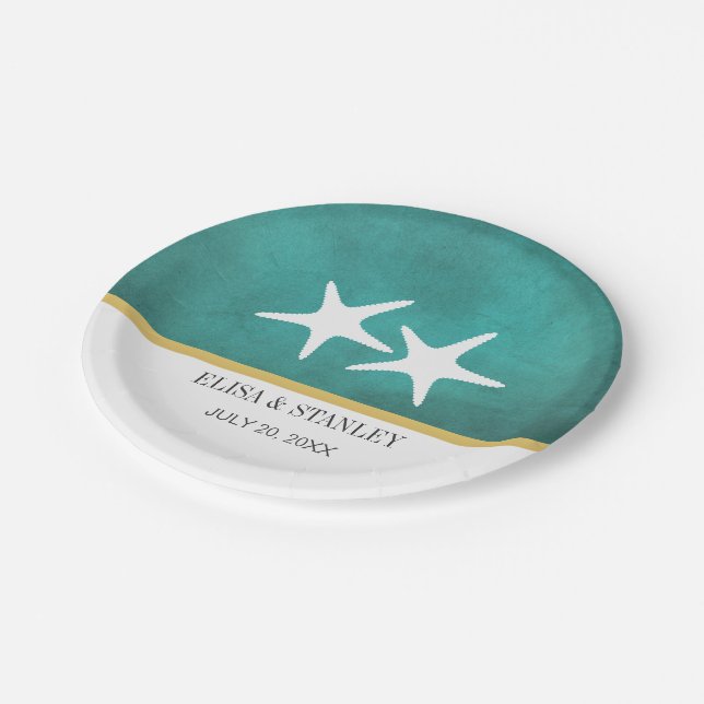 White starfish on teal stained beach wedding paper plates (Angled)