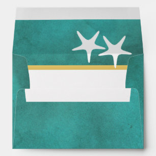 White starfish on teal stained paper beach wedding envelope