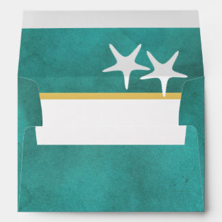 White starfish on teal stained paper beach wedding envelope