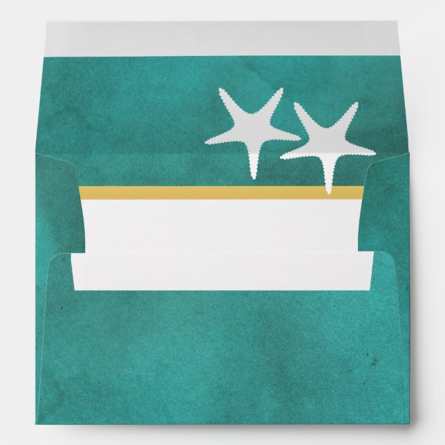 White starfish on teal stained paper beach wedding envelope (Back (Bottom))