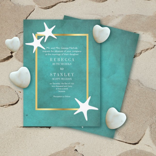 White starfish on teal stained paper beach wedding invitation (Creator Uploaded)