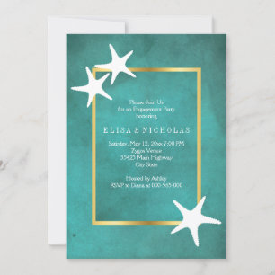 White starfish on teal wedding engagement invitation