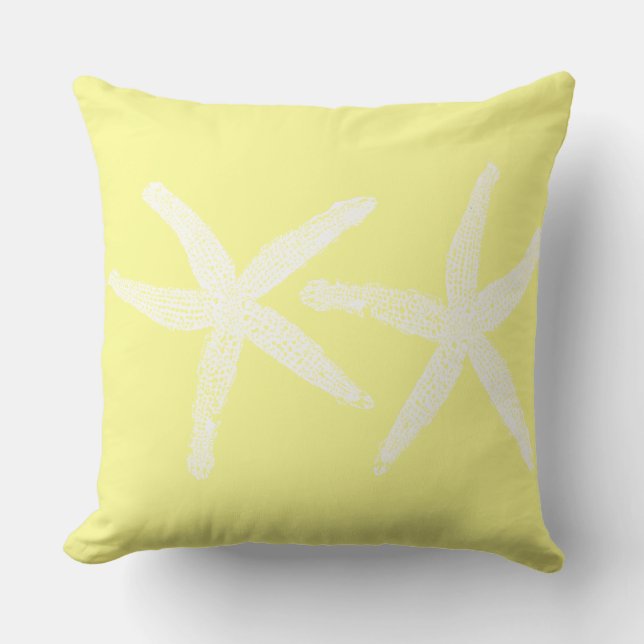 White Starfish Pastel Yellow Sunshine Beach Cotton Throw Pillow (Front)