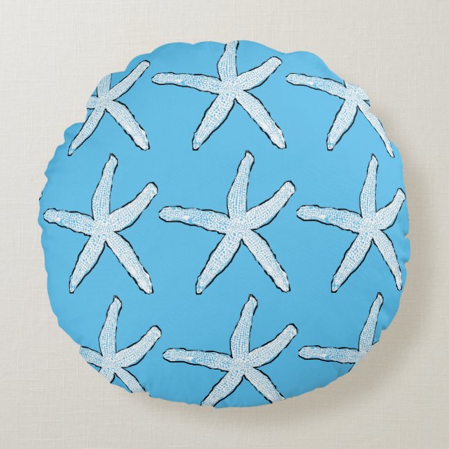 White Starfish Pattern Beach Sky Blue Christmas Round Pillow (Front)