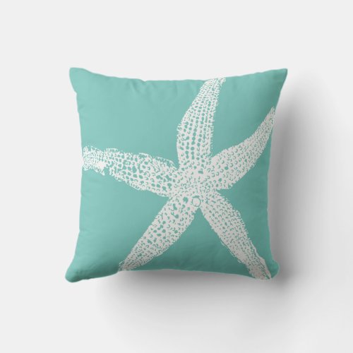White Starfish Pattern Beach Teal Blue Nautical Outdoor Pillow