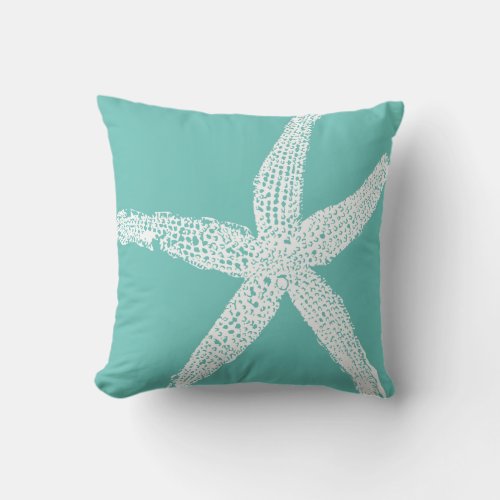 White Starfish Pattern Beach Teal Blue Nautical Throw Pillow