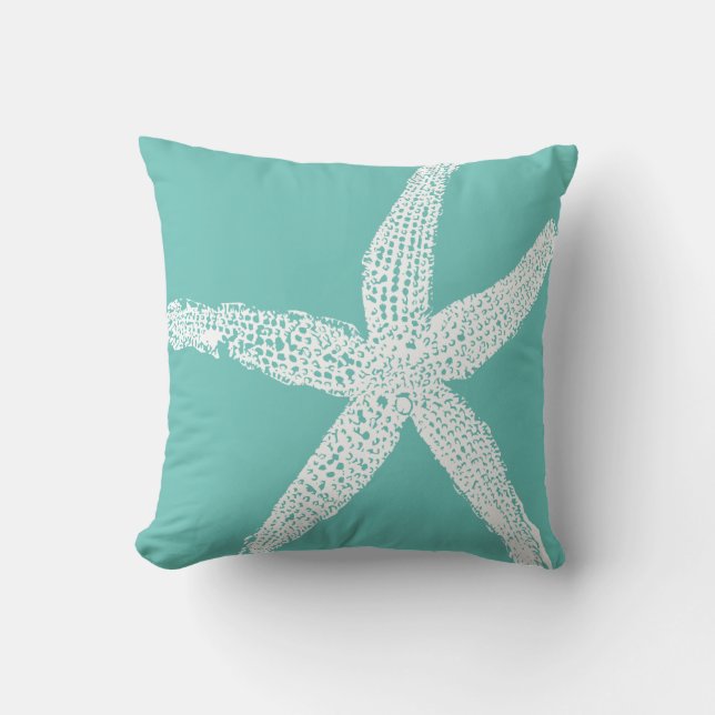 White Starfish Pattern Beach Teal Blue Nautical Throw Pillow (Front)