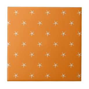 White Starfish Pattern Orange Nautical Beach Decor Ceramic Tile