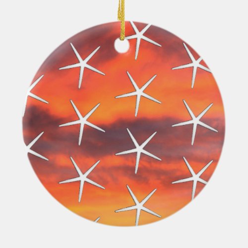 White Starfish Pattern Orange Sunset Sky Landscape Ceramic Ornament
