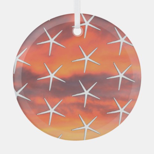 White Starfish Pattern Orange Sunset Sky Landscape Glass Ornament