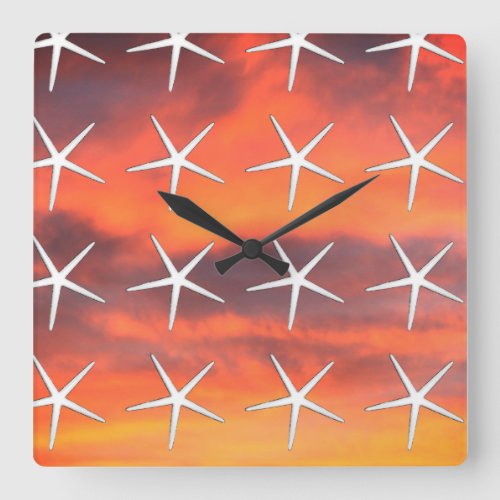 White Starfish Pattern Orange Sunset Sky Landscape Square Wall Clock