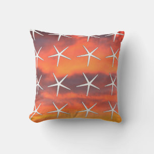 White Starfish Pattern Orange Sunset Sky Landscape Throw Pillow