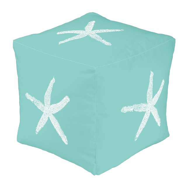 White Starfish Patterns Beach Teal Blue Christmas Pouf (Angled Back)