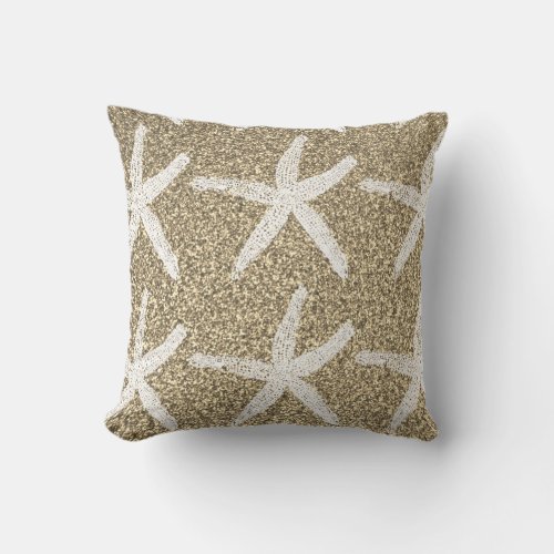 White Starfish Patterns Gold Glitter Nautical Cute Throw Pillow