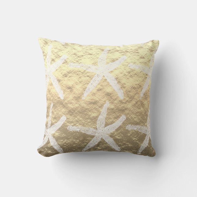 White Starfish Patterns Golden Foil Cute Beach Throw Pillow (Front)