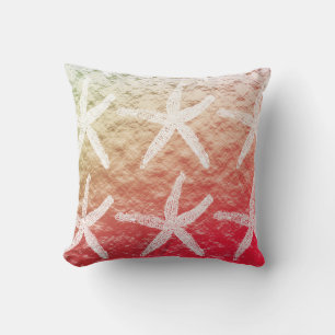 White Starfish Patterns Golden Foil Pink Ombre Outdoor Pillow
