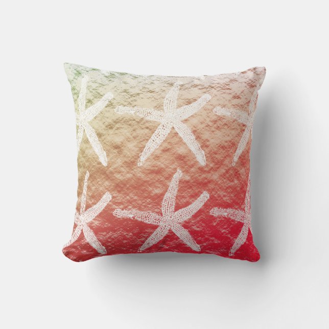 White Starfish Patterns Golden Foil Pink Ombre Outdoor Pillow (Front)