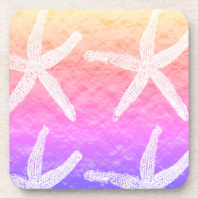 White Starfish Patterns Golden Foil Pink Purple Beverage Coaster (Front)