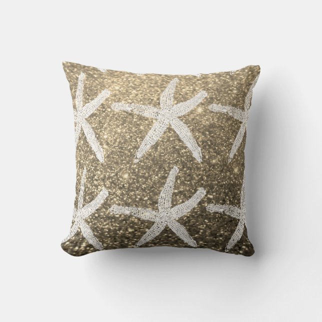 White Starfish Patterns Golden Glitter Cute Beach Throw Pillow (Front)