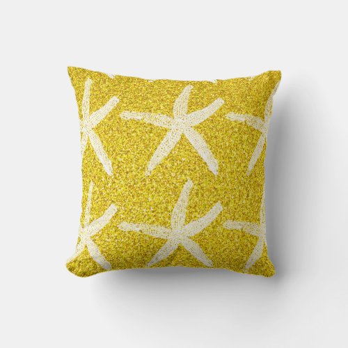 White Starfish Patterns Golden Glitter Nautical Throw Pillow