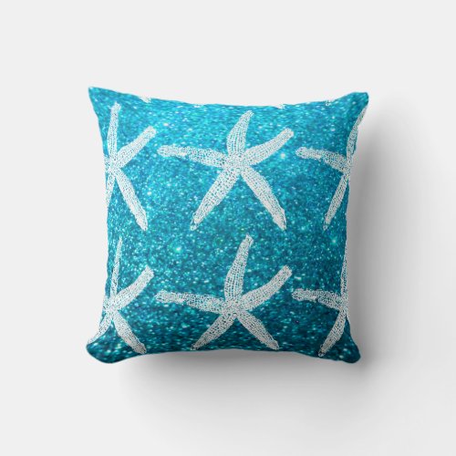 White Starfish Patterns Luxury Glittery Teal Blue Throw Pillow