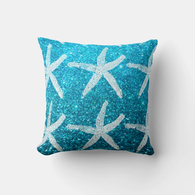 White Starfish Patterns Luxury Glittery Teal Blue Throw Pillow (Front)