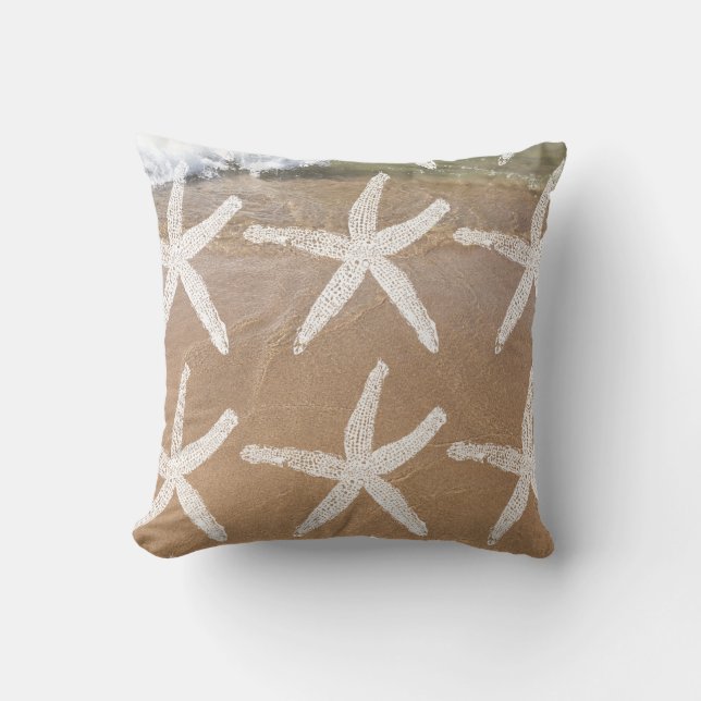 White Starfish Patterns Nautical Sandy Beach Ocean Outdoor Pillow (Front)