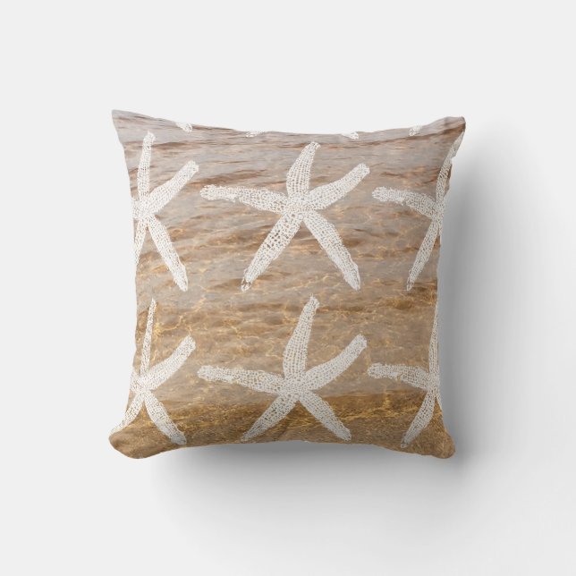 White Starfish Patterns Nautical Sandy Beach Water Outdoor Pillow (Front)