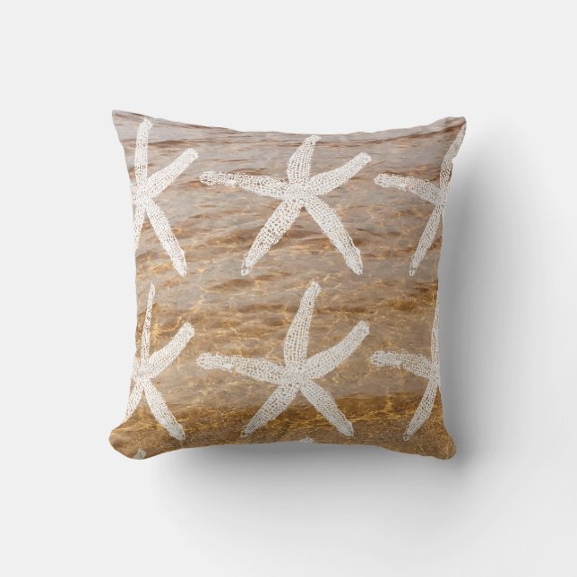 White Starfish Patterns Nautical Sandy Beach Water Throw Pillow (Front)