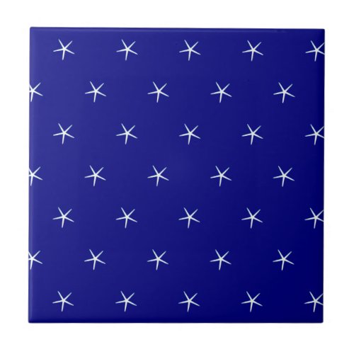 White Starfish Patterns Navy Blue Custom Nautical Ceramic Tile