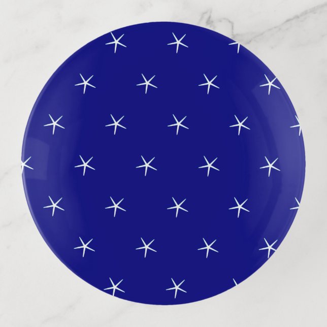 White Starfish Patterns Navy Blue Custom Nautical Trinket Tray (Front)