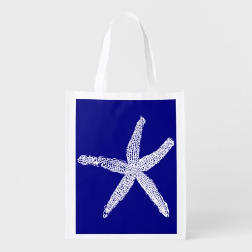 White Starfish Patterns Navy Blue Nautical Beach Grocery Bag