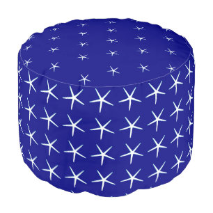 White Starfish Patterns Navy Blue Nautical Decor Pouf