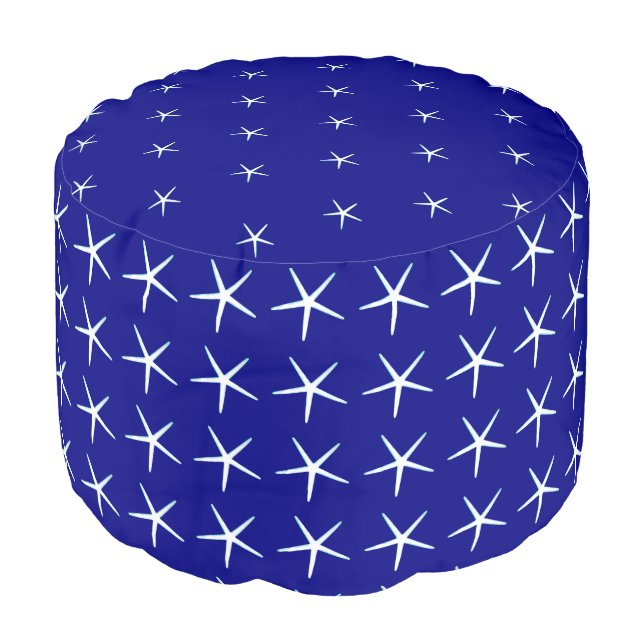 White Starfish Patterns Navy Blue Nautical Decor Pouf (Angled Front)