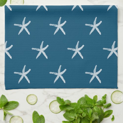 White Starfish Patterns Ocean Blue Custom Cute Kitchen Towel