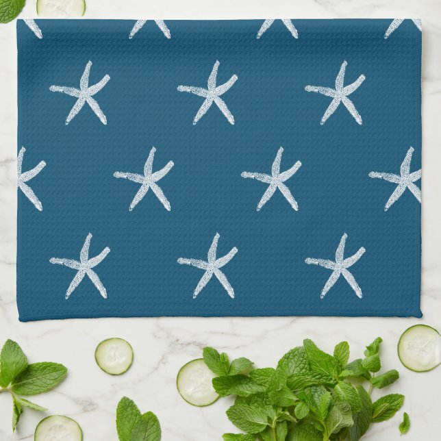 White Starfish Patterns Ocean Blue Custom Cute Kitchen Towel (Folded)