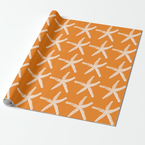 White Starfish Patterns Orange Beach Christmas Wrapping Paper