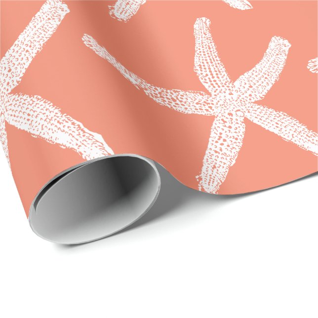 White Starfish Patterns Salmon Pink Orange Cute Wrapping Paper (Roll Corner)