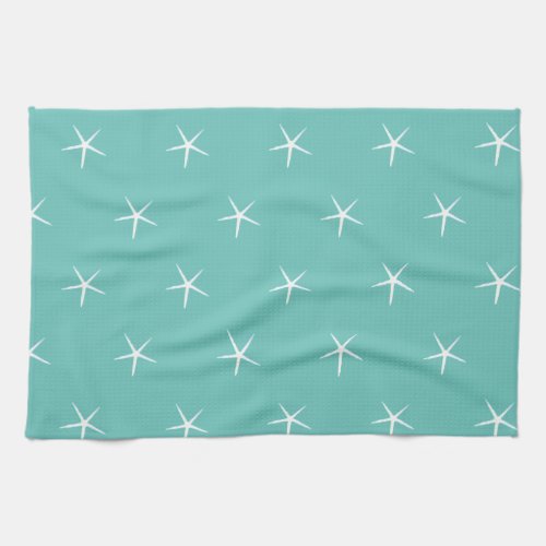 White Starfish Patterns Teal Blue Nautical Beach Kitchen Towel