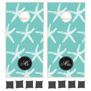White Starfish Patterns Wedding Mr & Mrs Teal Blue Cornhole Set
