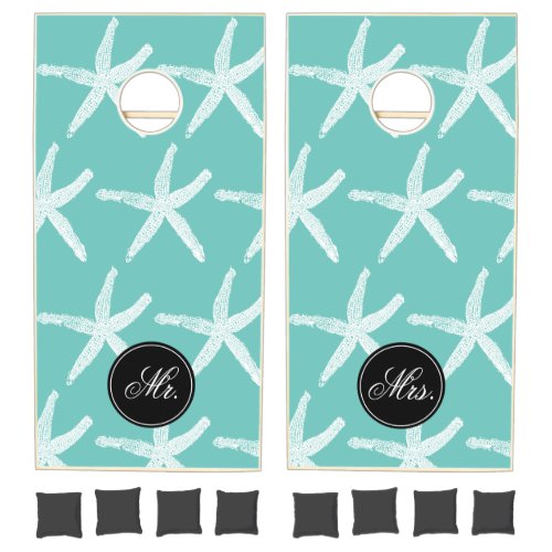 White Starfish Patterns Wedding Mr  Mrs Teal Blue Cornhole Set