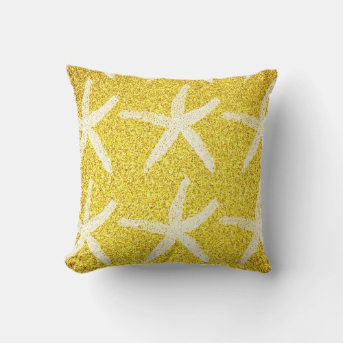 White Starfish Patterns Yellow Gold Glitter Beach Outdoor Pillow