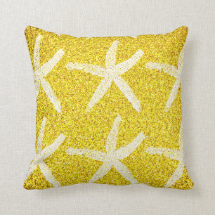 White Starfish Patterns Yellow Gold Glitter Beach Throw Pillow
