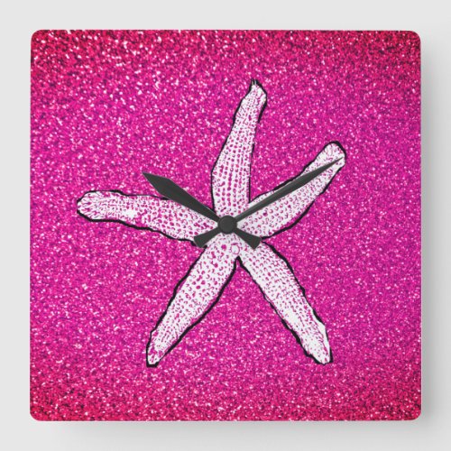 White Starfish Pink Glittery Ombre Girls Room Square Wall Clock