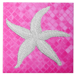 White Starfish Pink Sea Glass Pattern Ceramic Tile