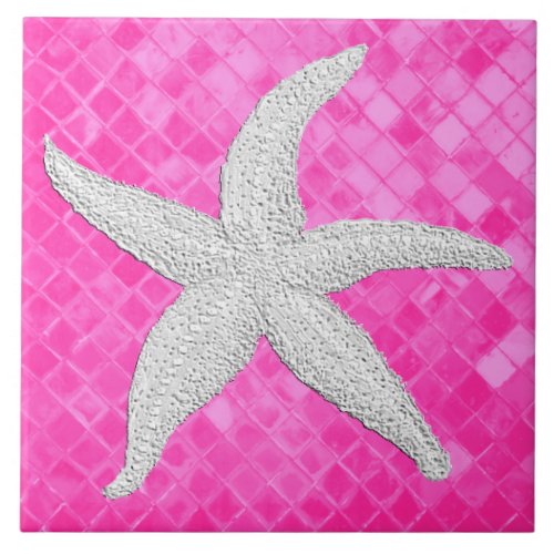 White Starfish Pink Sea Glass Pattern Ceramic Tile