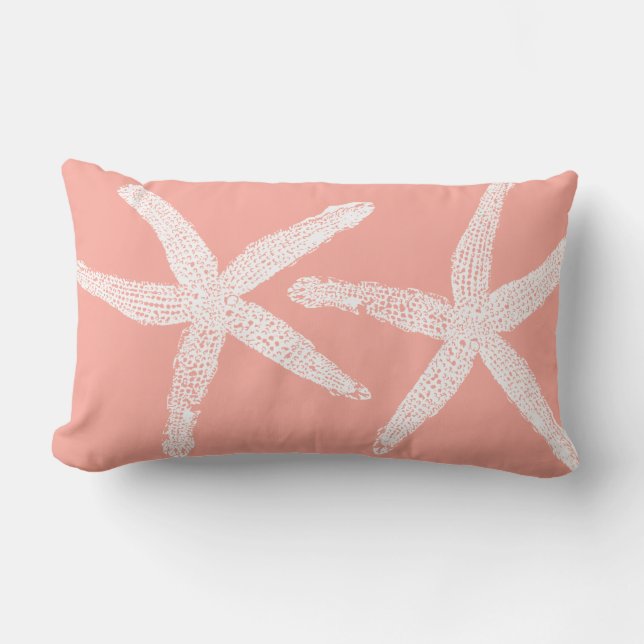 White Starfish Salmon Pink Orange Beach Trendy Lumbar Pillow (Front)
