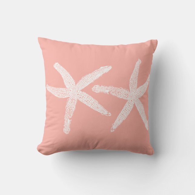 White Starfish Salmon Pink Orange Beach Trendy Outdoor Pillow (Front)