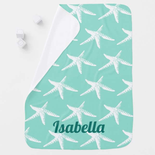 White Starfish & Sea Green Baby's Name Stroller Blanket (In Situ)
