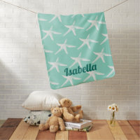 White Starfish & Sea Green Baby's Name Stroller Blanket | Zazzle
